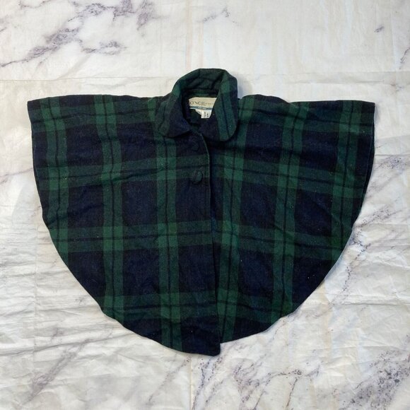 O’Neil of Dublin Plaid Poncho Girls Size XS Green Blue Wool Collared i59 - Picture 1 of 3